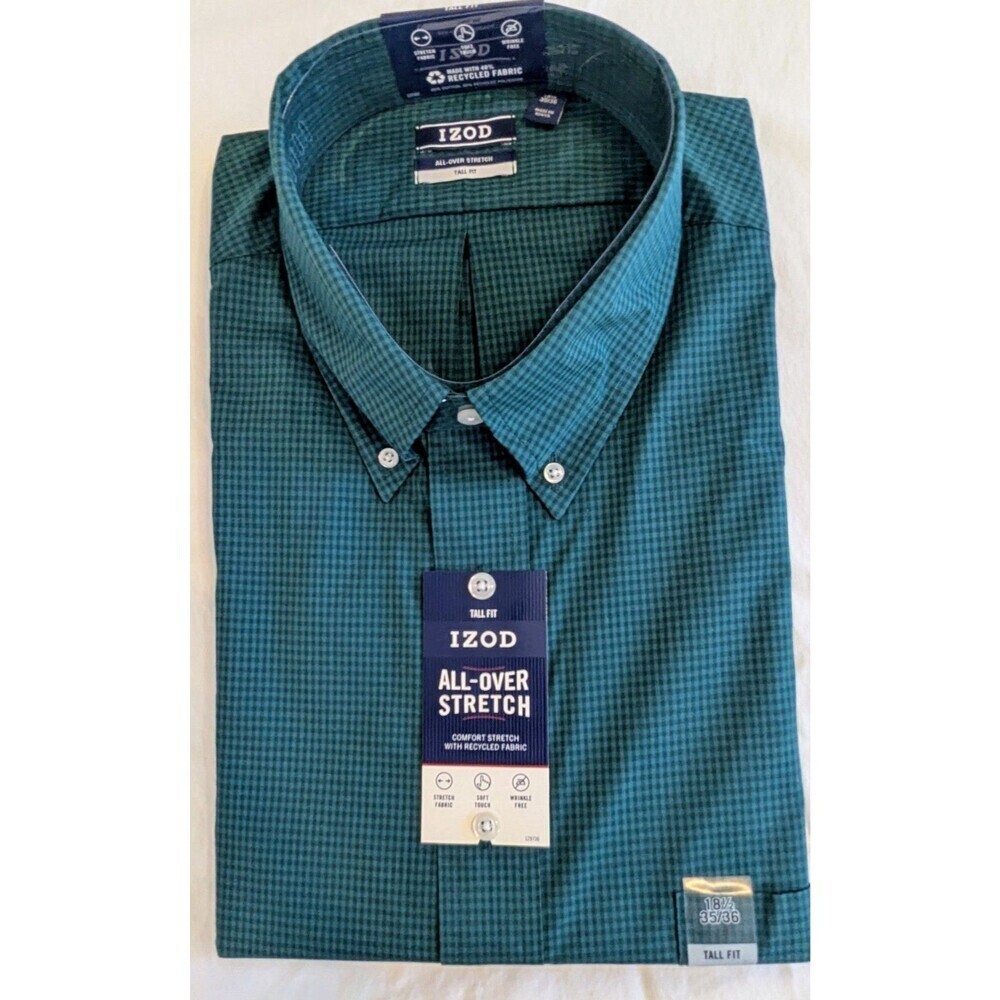 IZOD Men’s Button Down Shirt 18.5 Tall Micro Check Teal Blue Green June Bug NWT